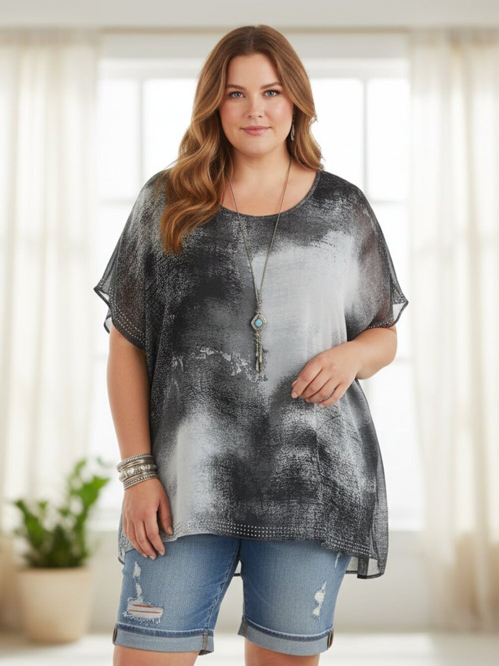 World Unity 2X Top Gray Black Beaded‎ Flowy SS Boho Chic Coastal Fairy Grunge